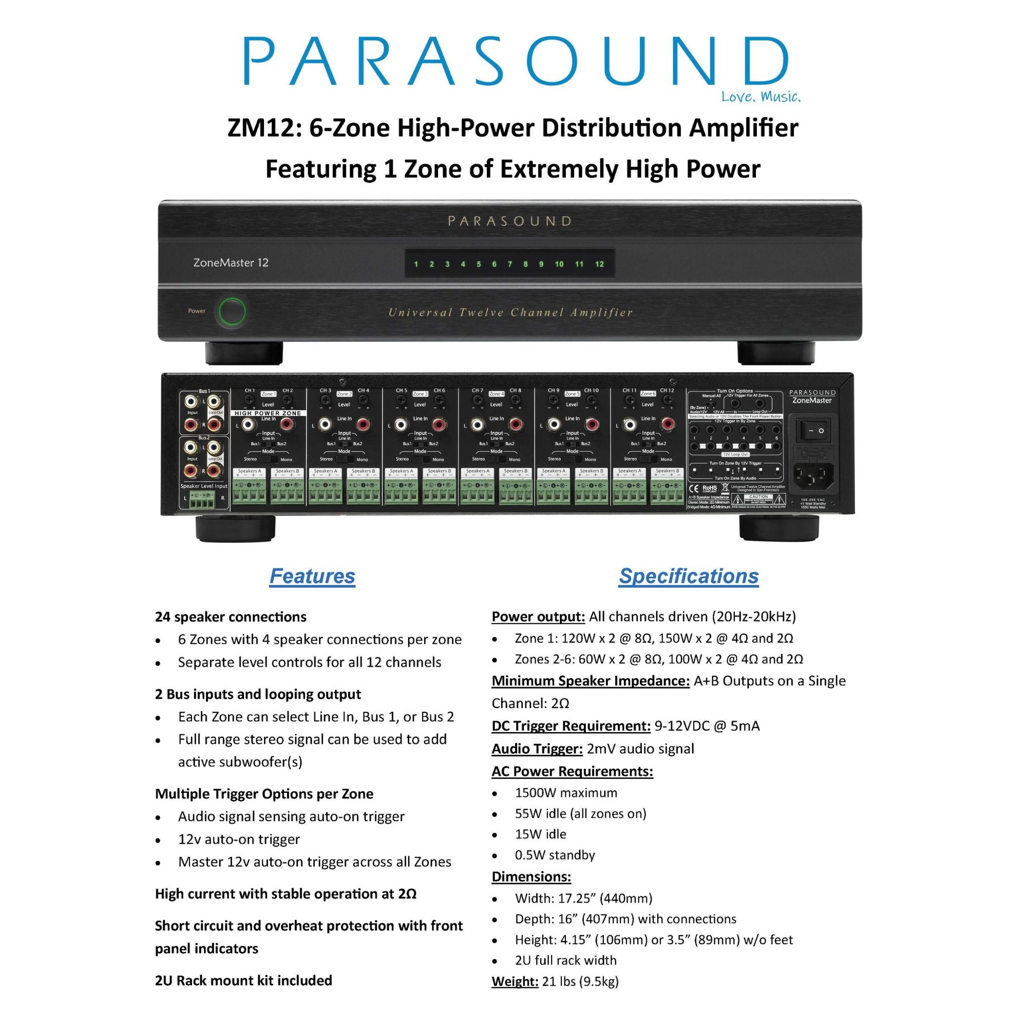 Parasound ZoneMaster ZM12 12-channel Class AB/D amplifier